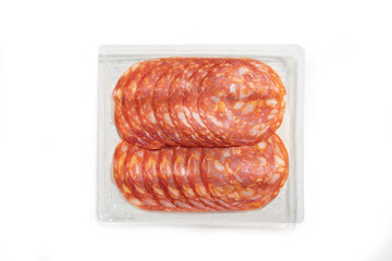 spicy salami sliced in a package cut out on a white background. Top view. packaging template mockup collection