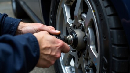 Obraz premium The hands of a master change a car wheel. Tire service.