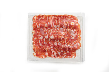 salami sliced in a package cut out on a white background. Top view. packaging template mockup collection