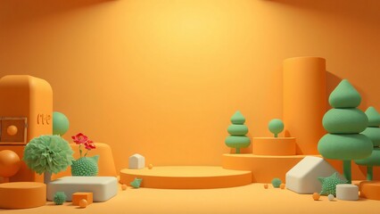 Orange Minimalist 3D Render Scene with Geometric Shapes and Cartoon Trees