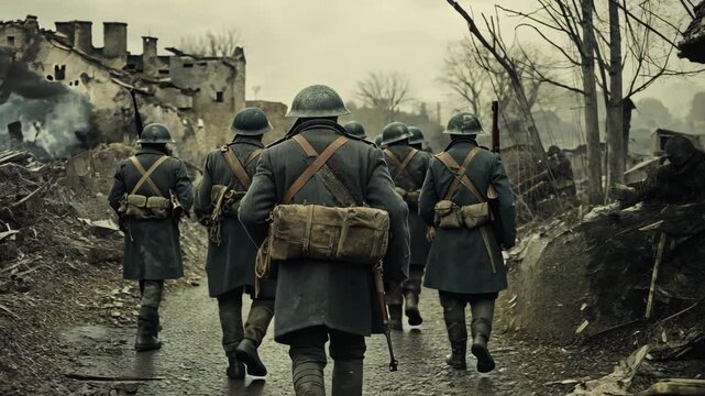Group of soldiers walks through a devastated area, demonstrating courage and resilience in a challenging war environment