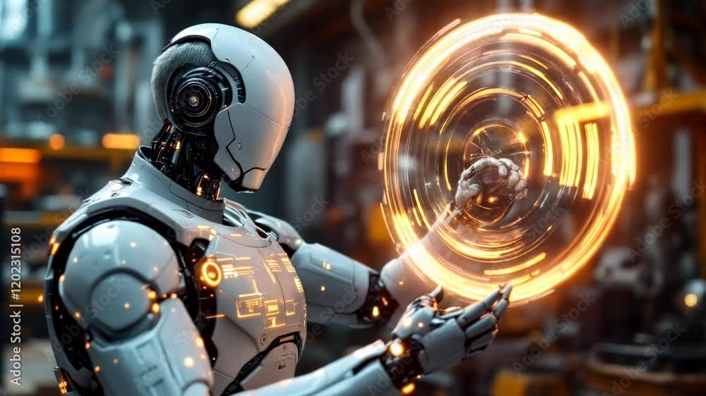 Poster Advanced Humanoid Robot Creating Glowing Energy Circle in Industrial Setting. Futuristic AI Technology Demonstration with Magic Light Effects and Mechanical Engineering with Copy Space