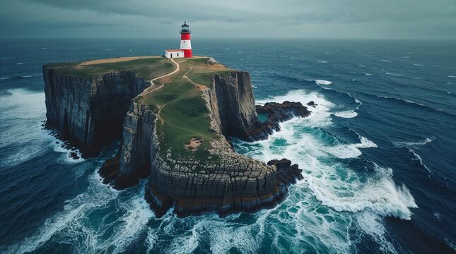 Aerial view of a red and white lighthouse on a rocky island amidst dramatic ocean waves.