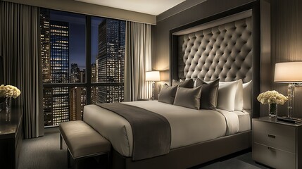 都会の夜景が広がる洗練されたモダンな高級ベッドルーム | Sophisticated Modern Luxury Bedroom with Urban Night View