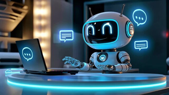 A robot assistant using laptop with holographic message icons, engages in online communication with users at an advanced office