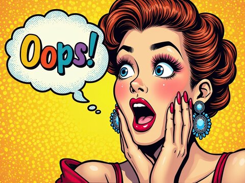 A vibrant pop art illustration of a woman expressing surprise speech bubble, set against a bright yellow background