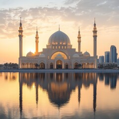 Obraz premium Stunning sunset view of the Sharjah New Mosque, showcasing its breathtaking architecture and intricate design. A must-visit tourism spot in Dubai 