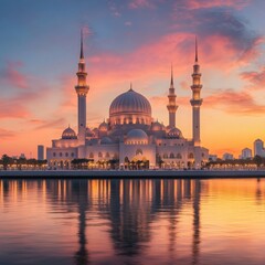 Fototapeta premium Stunning sunset view of the Sharjah New Mosque, showcasing its breathtaking architecture and intricate design. A must-visit tourism spot in Dubai 