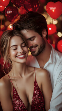Romantic couple hugging with balloons on Valentine's Day