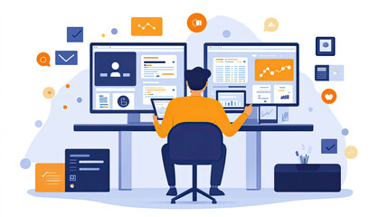 Businessman with Multiple Screens Analyzing Data and Charts for Strategy Development
