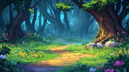 Enchanted forest path, game background, spring flowers, digital art