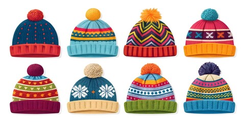 Colorful Winter Knit Hats with Festive Patterns and Pom Poms V5