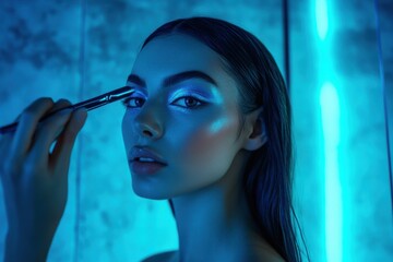 Obraz premium Futuristic beauty scene featuring holographic blue eyeshadow application