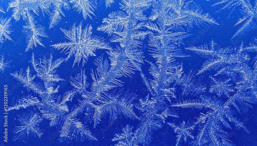Poster intricate frost patterns resembling delicate ice feathers on a vibrant blue background for abstract 