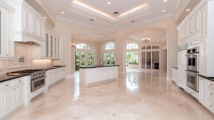 Luxurious kitchen in a Florida home, open layout, marble floors, bright interior, real estate listing