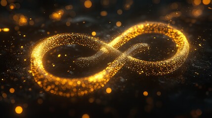 Elegant Glowing Infinity Symbol with Golden Particles on Dark Background