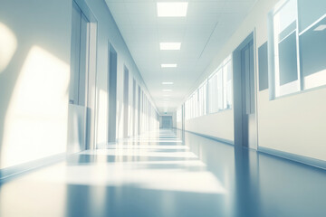 Obraz premium Blurred background of a hospital corridor with copy space, a blurred abstract modern interior business office hall, or a white panoramic view window for a banner background with a bokeh effect