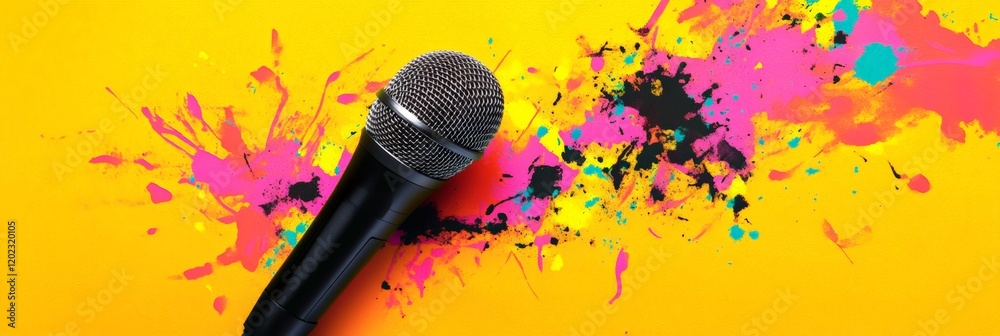 Fototapete black microphone resting on a vibrant yellow background splattered with colorful paint, capturing th