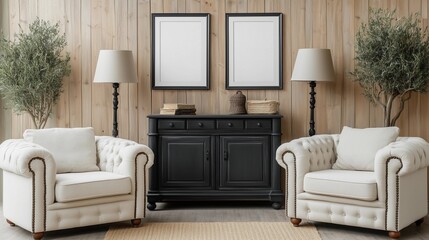Cozy interior of living space with two white sofas, black wooden cabinet close to flooring lamp and mock up poster frame. Home decor in room with template art in room on copy space wall