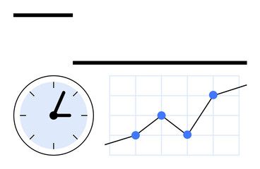 Clock and upward-trending line graph on grid with dots representing progress. Ideal for business growth, analytics, productivity, performance tracking, time planning, strategy, abstract line flat