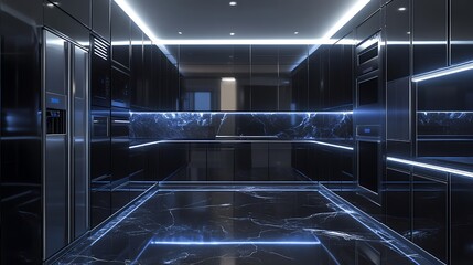 暗黒のマーブルとLED照明が輝く近未来的な高級キッチン | Futuristic Luxury Kitchen with Black Marble and LED Lighting