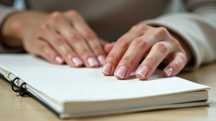 Obraz premium Women's hands with manicure on a diary.