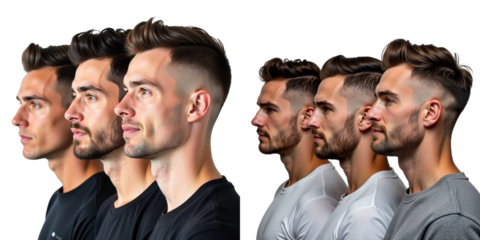 Three Attractive Men With Short Haircuts Are Photographed From The Side Against A Plain White Background In Profile. 00001
