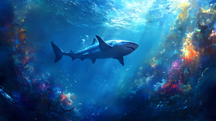 A striking underwater scene featuring a powerful shark swimming majestically amid shimmering blue waters. Shimmering Underwater World. Illustration