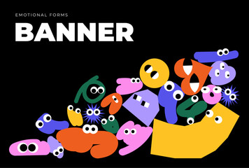 Banner with cartoon characters. Vector doodle elements. Festive and childish background.