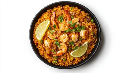 A vibrant dish of shrimp paella, featuring seasoned rice, succulent shrimp, and fresh lime wedges, garnished with green herbs.