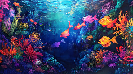 Naklejka premium A vibrant underwater world teeming with colorful fish, their scales shimmering with an iridescent glow as they dart through the coral reef. Shimmering Underwater World. Illustration