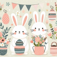 Cute flat vector illustration of Easter bunny with floral patterns, easter background