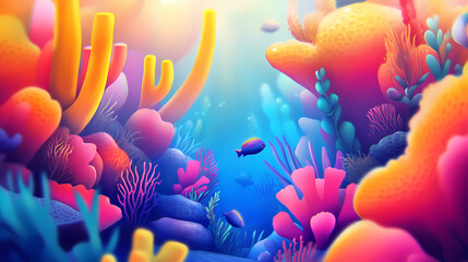 Aquatic adventure realm: shimmering scales, vibrant coral reefs, mythical sea creatures in a captivating underwater world. Shimmering Underwater World. Illustration