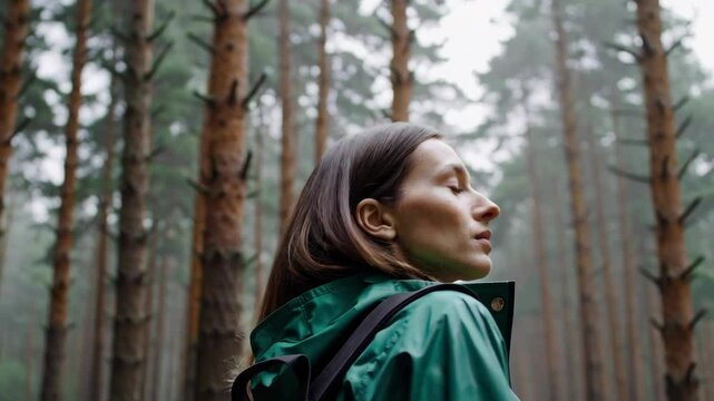 Woman wearing a recycled polyester raincoat in a misty forest

