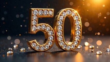Gold number 50 with diamonds on a background with a side.