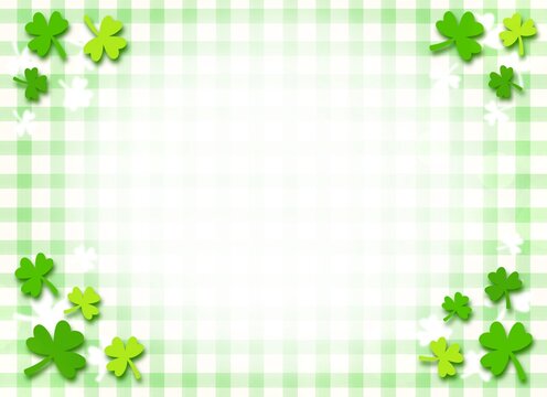 Saint Patrick border background decorated with shamrock clover leaves frame and checkered pattern