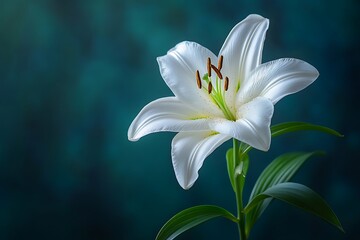 Single White Lily Flower Against Dark Green Background