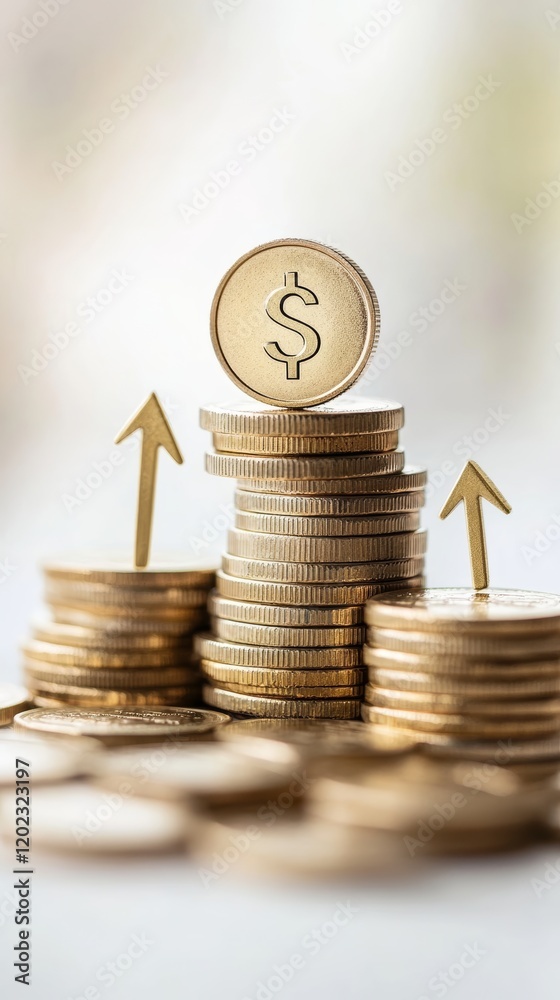 Poster Stacks of gold coins symbolizing increasing profits with two upward arrows and a large coin with a dollar sign on top representing successful investment