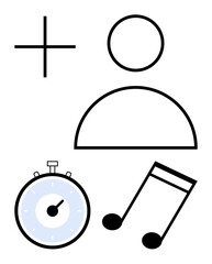 Plus sign user profile stopwatch and music note in minimalist line art. Ideal for time management, productivity, user profiles, health, music, addition concepts, user interface. Line metaphor