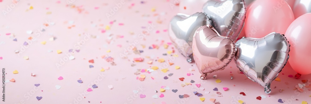 Poster heart shaped balloons in pink and silver rest on a pink surface covered with colorful confetti, crea