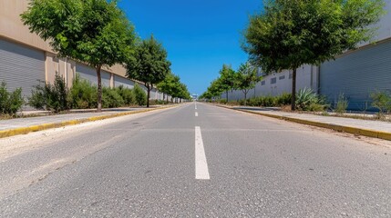 Empty road, sunny day, trees, industrial area, summer travel
