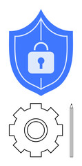 Blue shield with lock symbol for security, gear for mechanismsystem, pencil for planning and design. Ideal for cybersecurity, data protection, planning, operations, engineering, education abstract