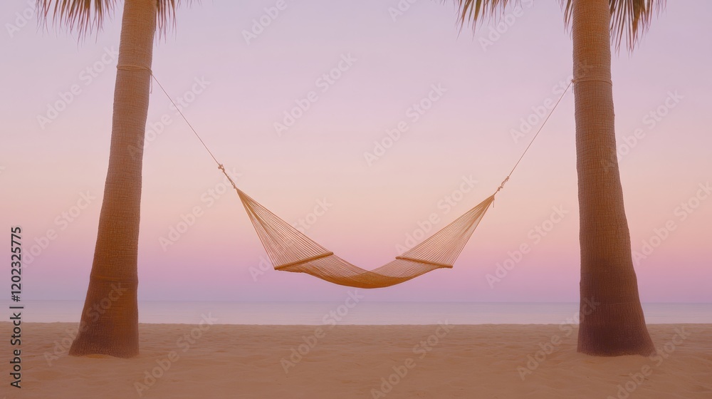 Poster empty hammock hanging between two palm trees on a beautiful tropical beach at sunset invites guests 
