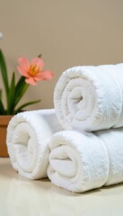 Neatly rolled white spa towels, ready for use, salon, elegant