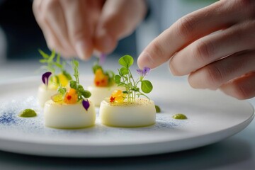 Chef plates gourmet vegan dish in modern kitchen