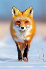 Fototapeta premium Red fox walks gracefully through snow-covered landscape under slate blue sky during winter season