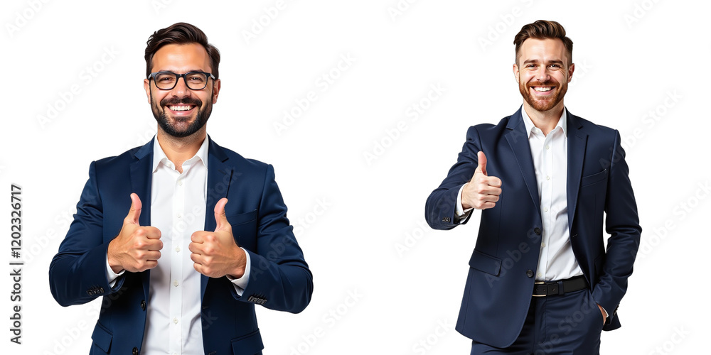 Poster businessman with a smile and thumbs up pose, standing alone on a clean white background for a simple