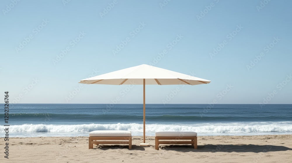 Poster two empty beach loungers resting beneath a large white umbrella on a sandy beach, inviting relaxatio
