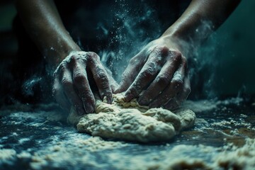 Fototapeta premium Artisan hands kneading dough in rustic kitchen professional setting
