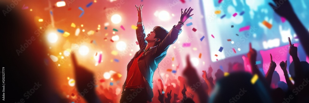 Poster k pop idol captivates fans during electrifying live performance at a vibrant concert event. generati